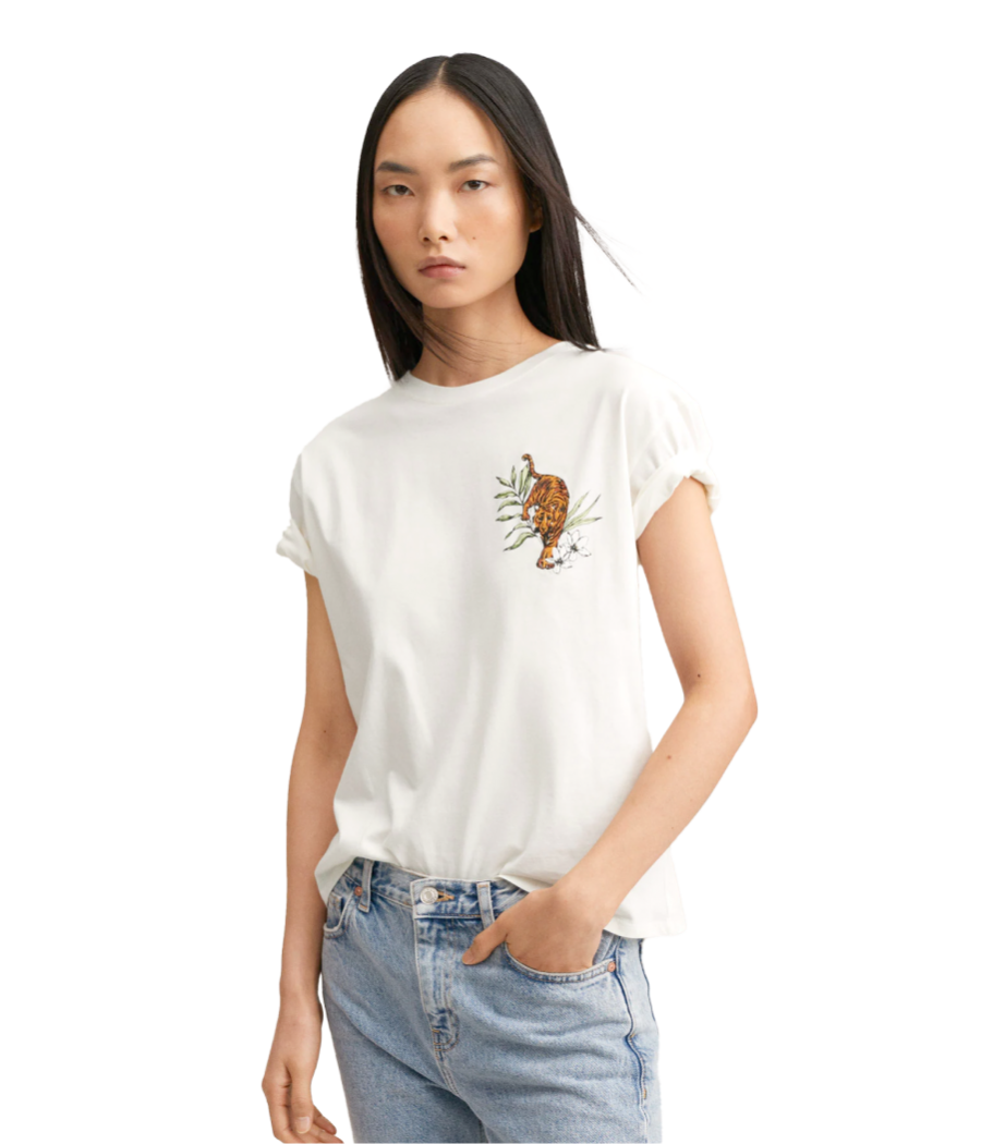 White T-Shirt With Tiger Patch